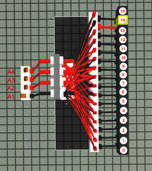 4-bit decoder. Input on the left is 1110. The 14th output bit on the right is activated.