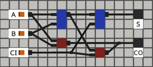 A full adder circuit built in logic world.